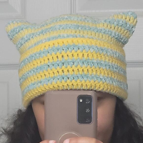 Handmade Crochet Y2k Streetwear Striped Cat Ear Beanie - Picture 1 of 2